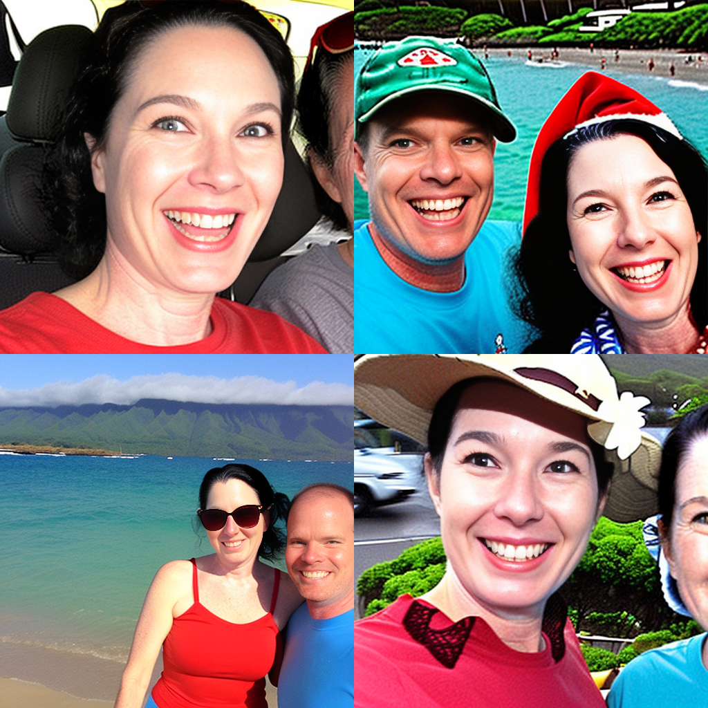 AI generated holiday card image of family of 4 on vacation in Hawaii