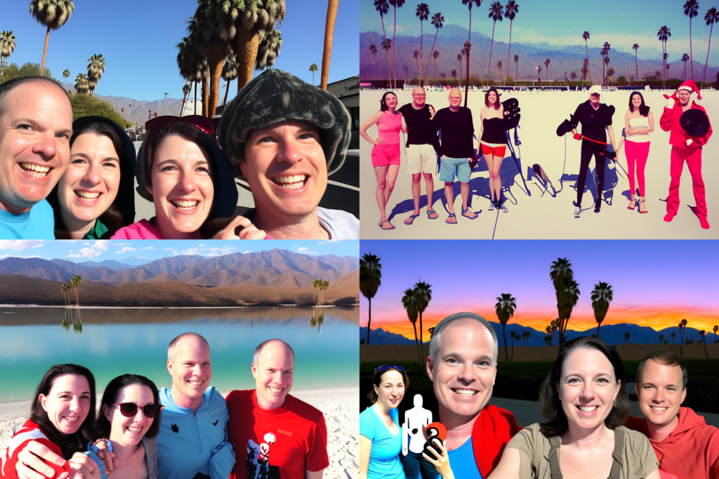 Draft of AI generated holiday card image of a family of 4 on Christmas vacation in Palm Springs